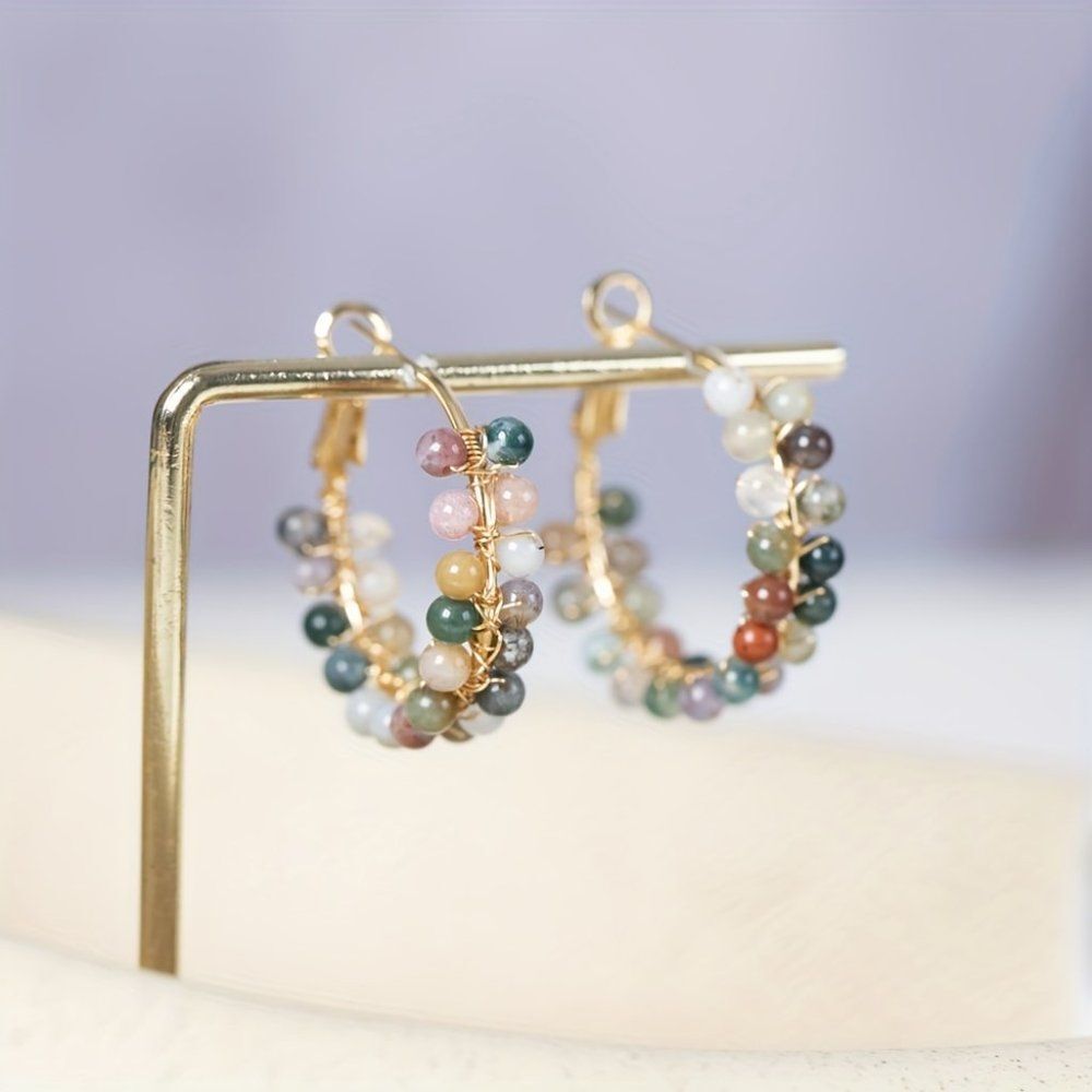 18K Gold Plated Boho Style Hoop Earrings 18K Colorful Natural Stone Hoops Gift